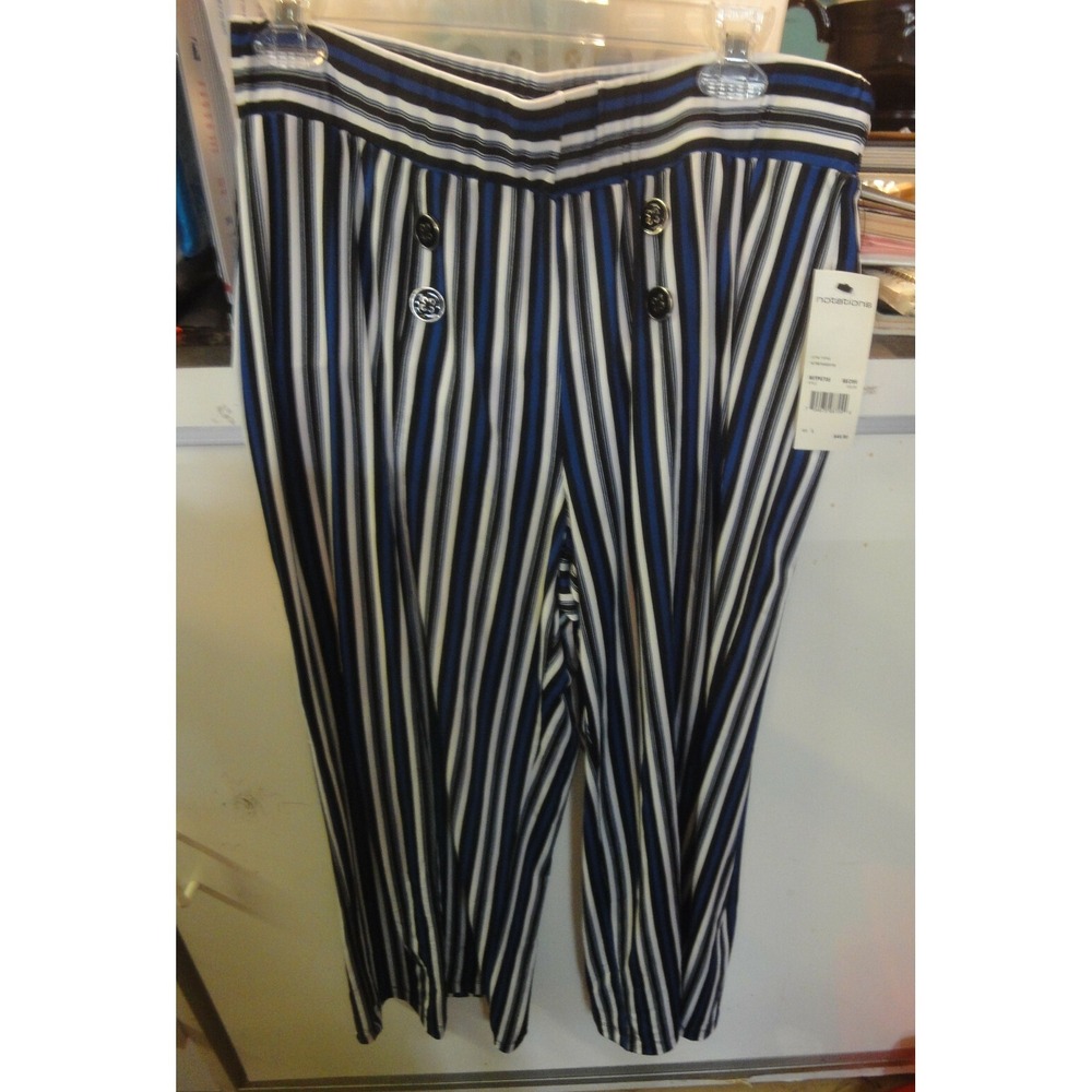 Notations womens L stretch pull on pants NWT blue black white button detail USA